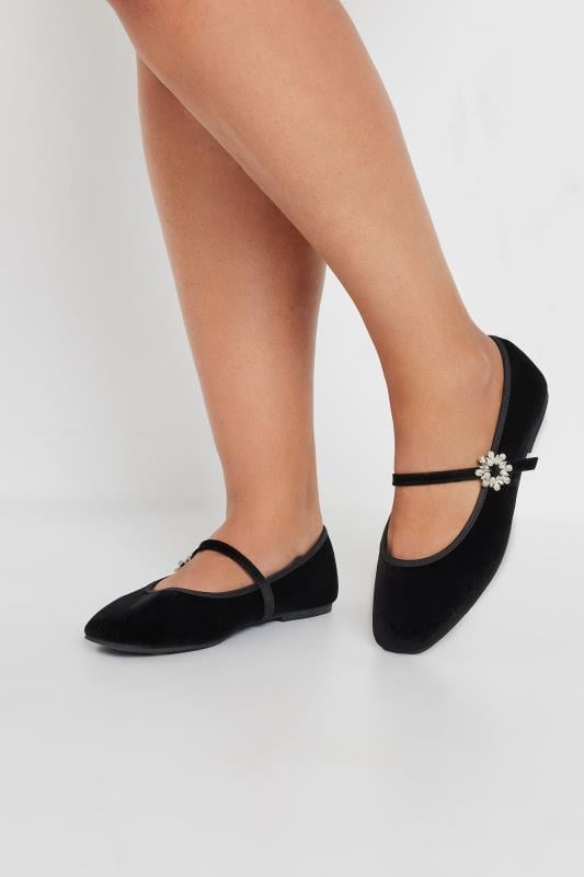 Black Velvet Diamante Mary Jane Ballet Pumps In Extra Wide EEE Fit | Yours Clothing 1