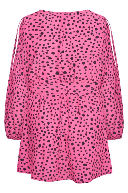 YOURS LONDON Plus Size Bright Pink Dalmatian Print Split Sleeve Wrap Top | Yours Clothing 7