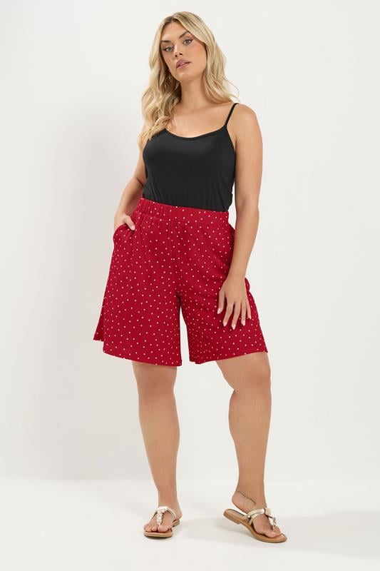 YOURS Plus Size Red Polka Dot Crinkle Shorts | Yours Clothing 1