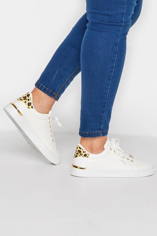 Plus Size White Leopard Print Heel Lace Up Trainers In Wide E Fit | Yours Clothing 1