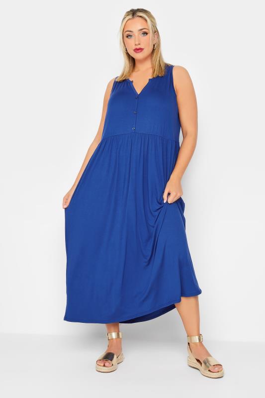 LIMITED COLLECTIO Plus Size Cobalt Blue Placket Maxi Dress | Yours Clothing 1