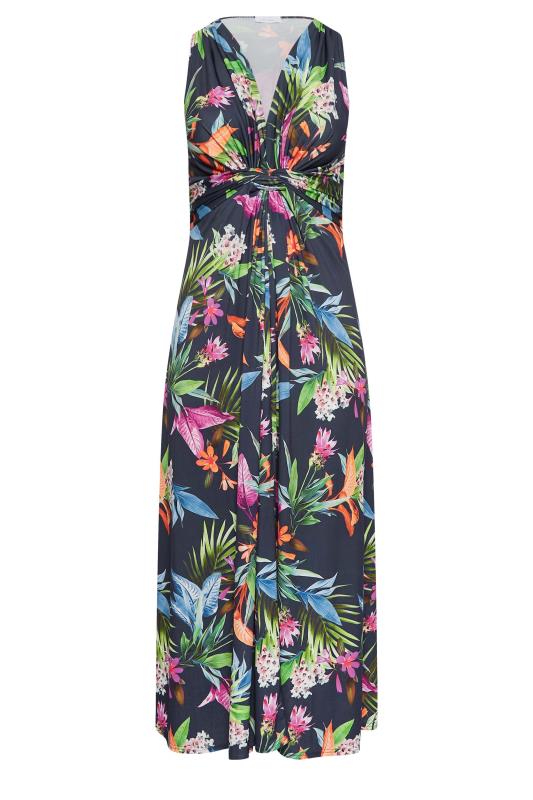 YOURS LONDON Plus Size Curve Navy Blue Tropical Print Knot Front Maxi Dress | Yours Clothing  6