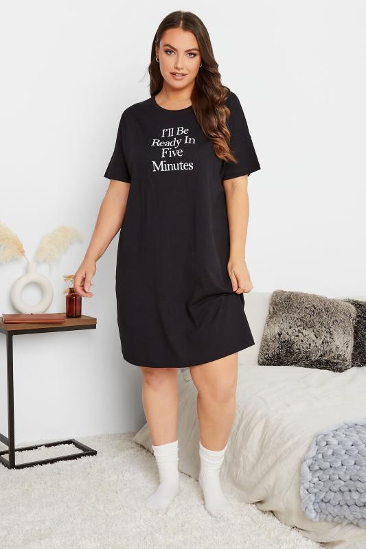 Plus Size Black "Ready In 5 Minutes" Sleep Tee Nightdress | Yours Clothing 1