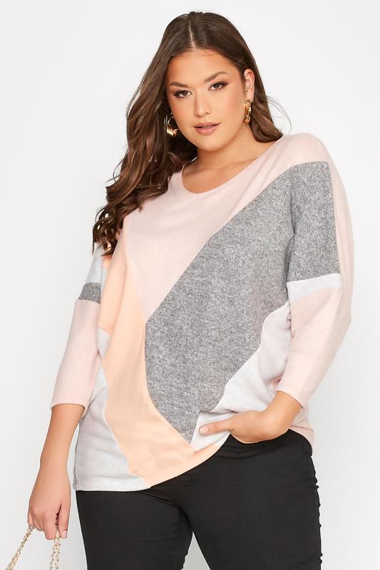 Plus Size Grey & Pink Colour Block Soft Touch Sweatshirt | Yours Clothing 1
