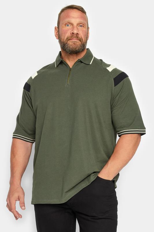 KAM Big & Tall Khaki Green Zip Neck Panel Polo Shirt 1