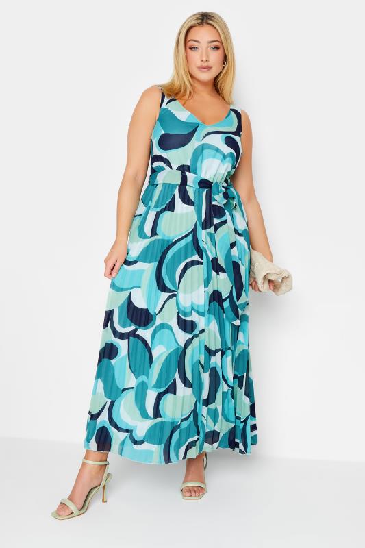  Tallas Grandes YOURS LONDON Curve Blue Abstract Print Pleated Maxi Dress