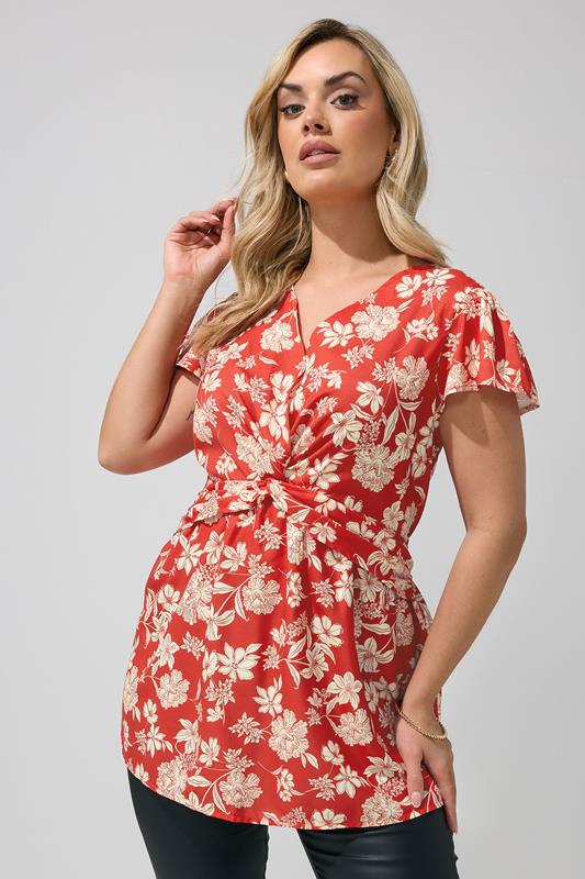  YOURS LONDON Curve Red Floral Twist Front Top
