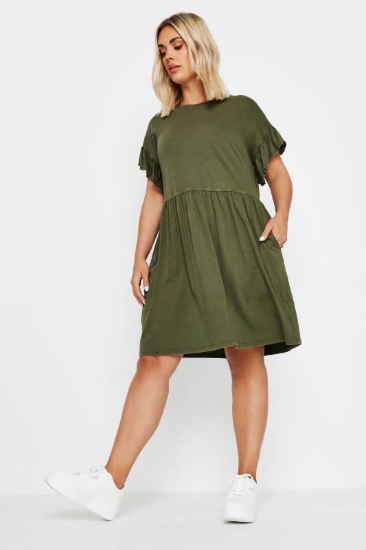 YOURS Plus Size Khaki Green Frill Sleeve Mini Dress | Yours Clothing 2