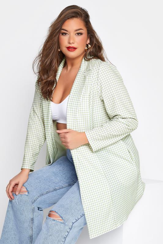 LIMITED COLLECTION Plus Size Sage Green Gingham Longline Blazer 4