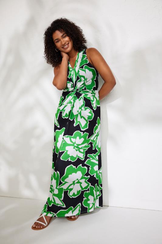 EVANS Plus Size Green Abstract Floral Print Twist Front Maxi Dress | Evans 2