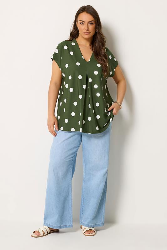 YOURS Plus Size Khaki Green Polka Dot Grown On T-Shirt | Yours Clothing 1