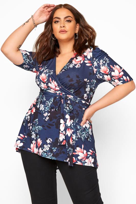 YOURS LONDON Midnight Blue Floral High Low Wrap Top_A.jpg