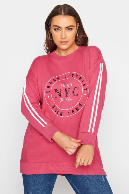 Plus Size Hot Pink 'NYC' Embellished Varsity Sweatshirt | Yours Clothing 1