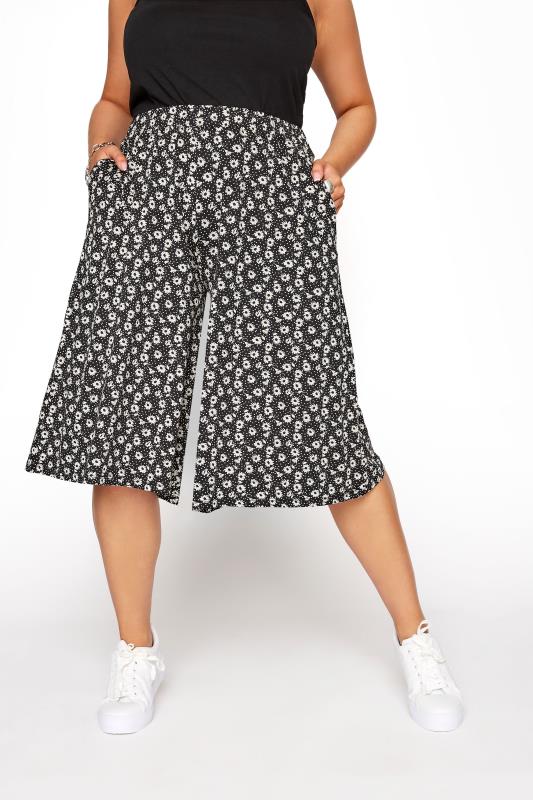 Plus Size Black Floral Print High Waist Culottes | Yours Clothing