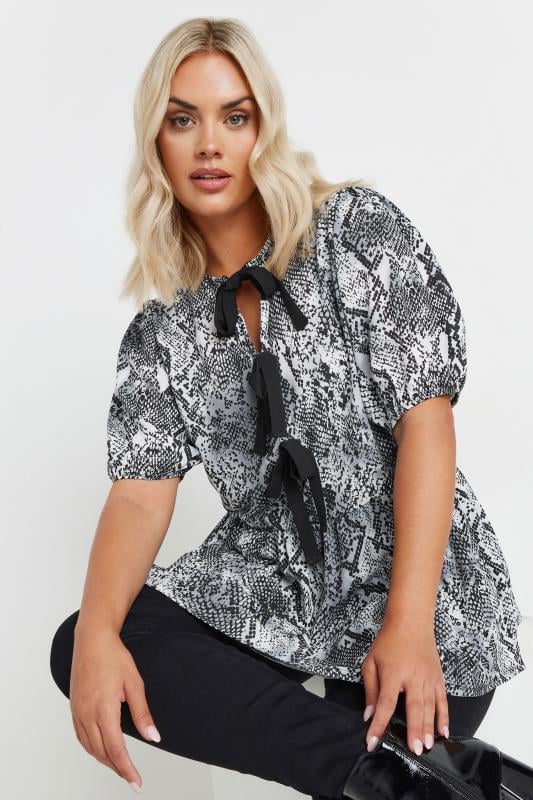 LIMITED COLLECTION Plus Size Grey Snake Print Bow Top | Yours Clothing 5