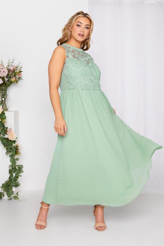 YOURS LONDON Curve Sage Green Lace Front Chiffon Maxi Bridesmaid Dress 2