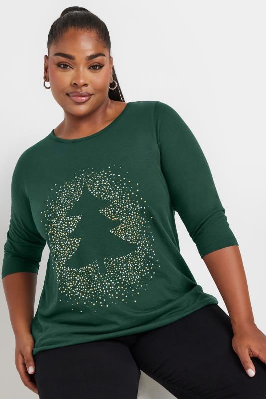 YOURS Plus Size Forest Green Diamante Christmas Tree Top | Yours Clothing  2