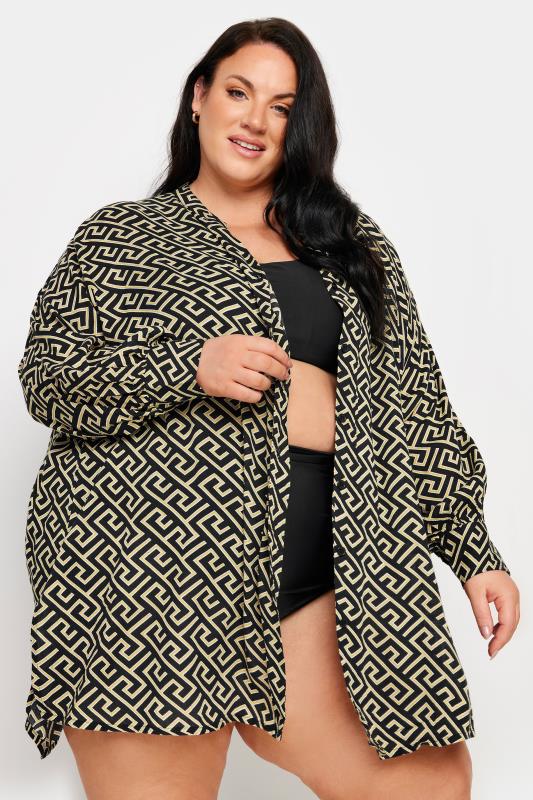 YOURS Plus Size Black Geometric Print Beach Shirt | Yours Clothing 1