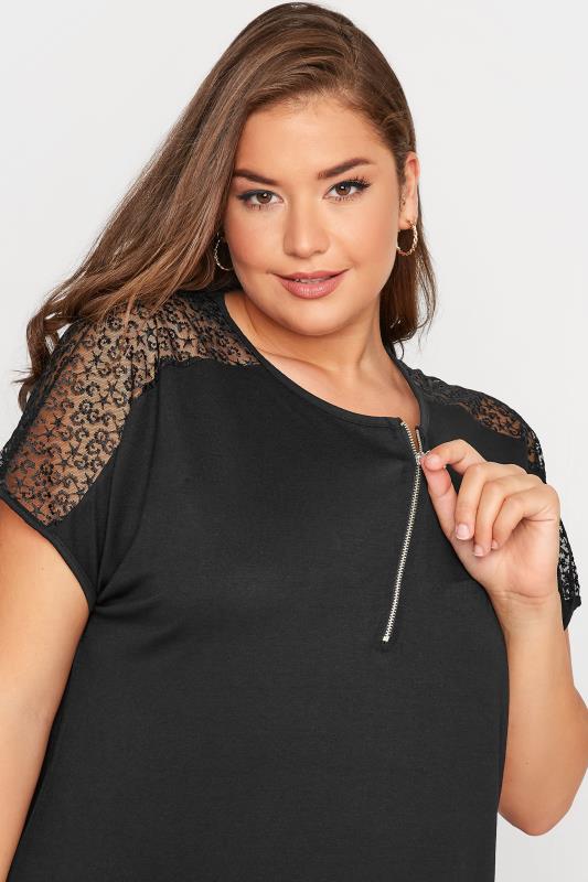 YOURS Plus Size Black Lace Sleeve Zip T-Shirt | Yours Clothing 3