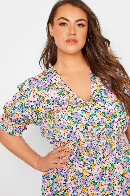 LIMITED COLLECTION Plus Size Pink Floral Print Shirred Waist Peplum Top | Yours Clothing 4