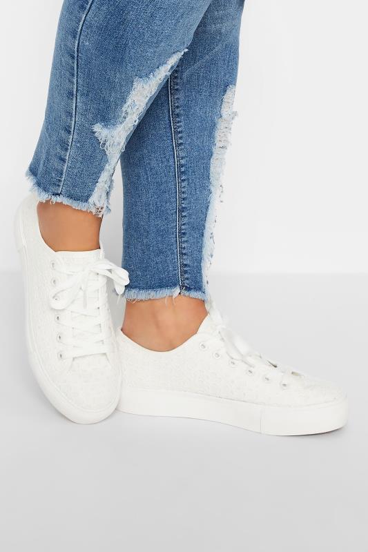 Plus Size  White Broderie Anglaise Trainers In Wide E Fit