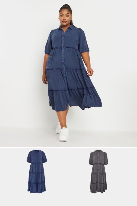 Plus Size  YOURS Curve 2 PACK Dark Blue & Grey Wash Chambray Dress