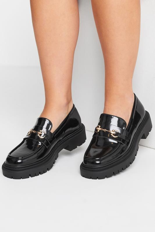 PixieGirl Black Chain Detail Patent Chunky Loafers In Standard Fit | PixieGirl 1