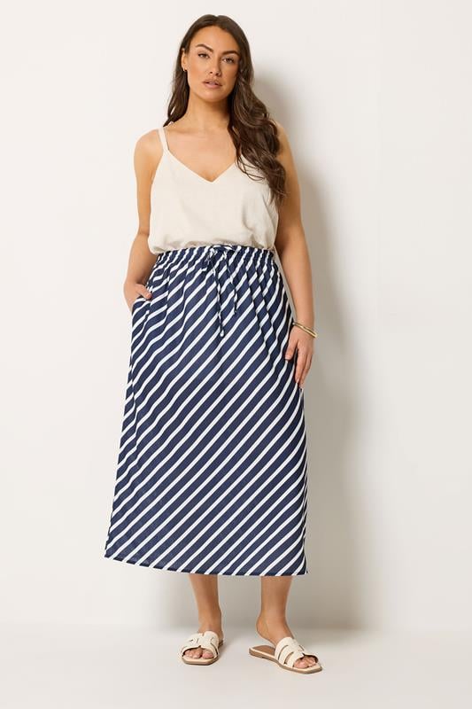 YOURS Plus Size Navy Blue Linen Look Stripe Skirt | Yours Clothing 1