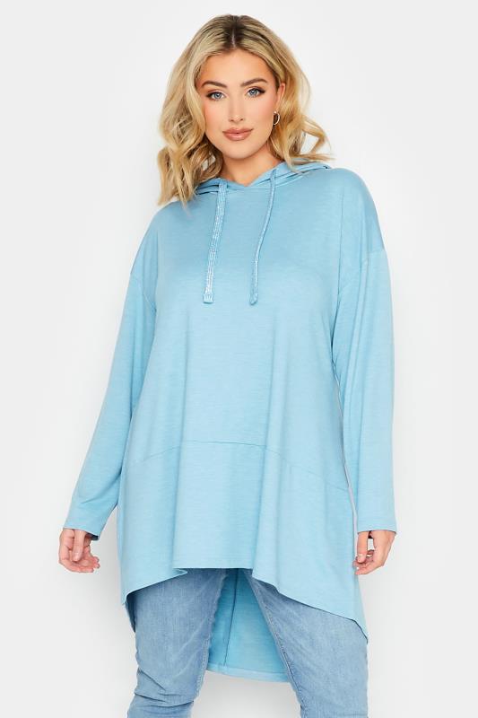YOURS Plus Size Blue Metallic Cord Dipped Hem Hoodie | Yours Clothing 1