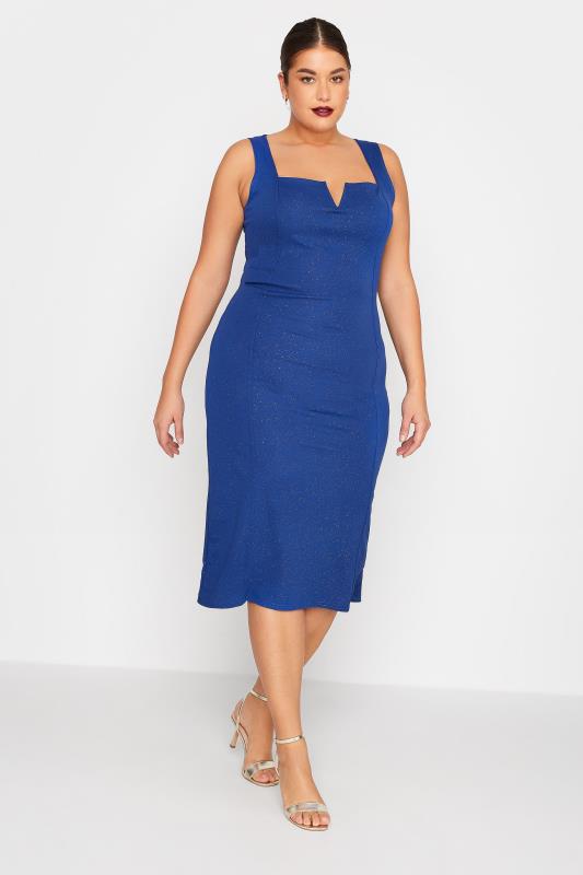 LTS Tall Women's Blue Glitter Sleeveless Notch Neck Midi Dress | Long Tall Sally 2