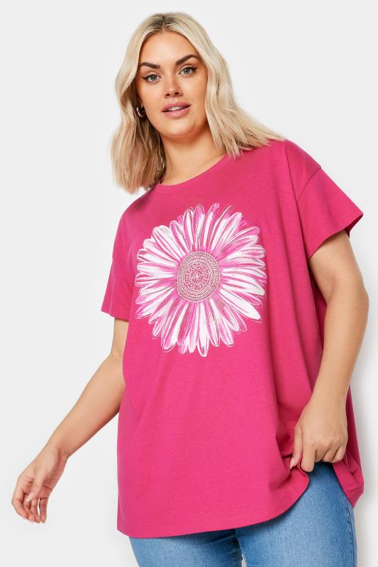YOURS Plus Size Pink Stud Floral Print T-Shirt | Yours Clothing 1