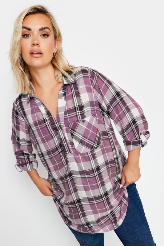 YOURS Plus Size Purple Check Print Boyfriend Shirt | Yours Clothing 2