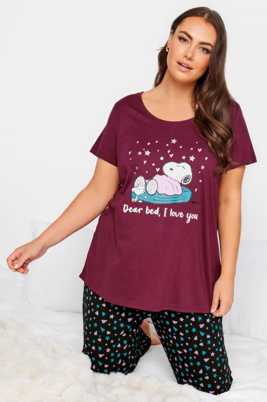  YOURS Curve Burgundy Red 'I Love You Snoopy' Slogan Pyjama Set