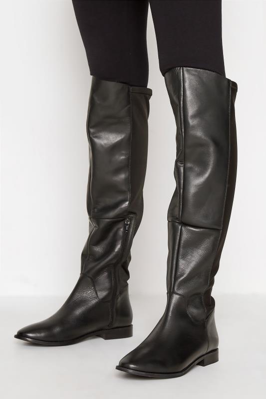 LTS Black Leather Stretch Knee High Boots In Standard Fit | Long Tall Sally  1
