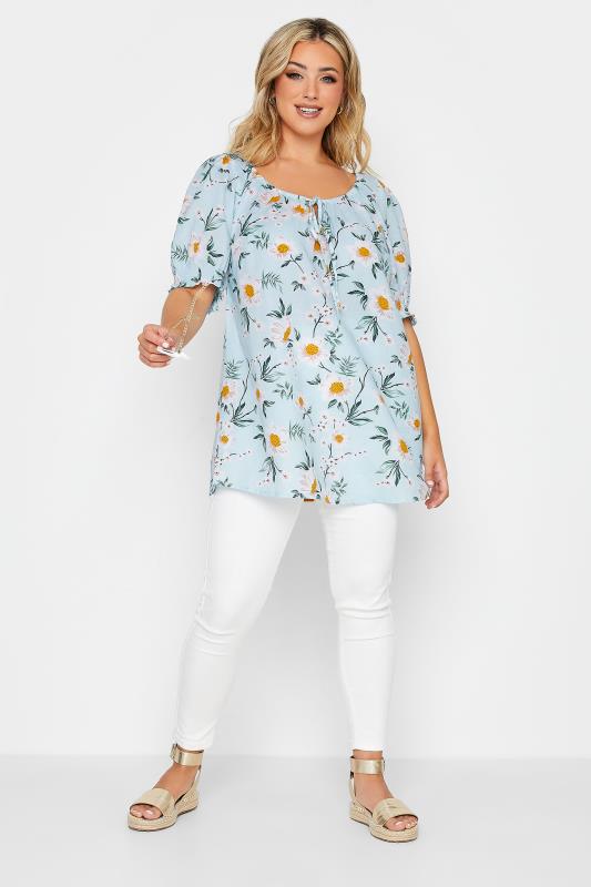 YOURS Plus Size Light Blue Floral Print Gypsy Top | Yours Clothing 2