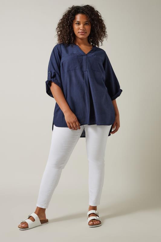 EVANS Plus Size Navy Blue Linen Utility Top | Evans  2