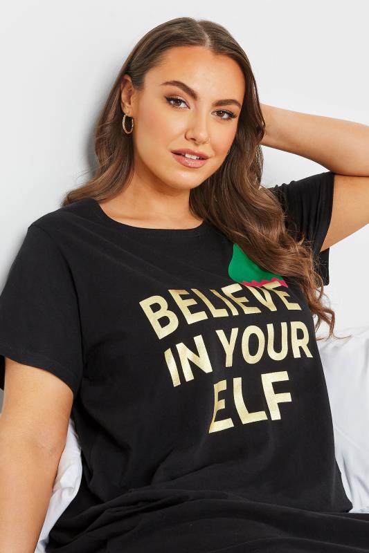 Plus Size Black 'Believe In Your Elf' Slogan Christmas Midaxi Nightdress | Yours Clothing 4