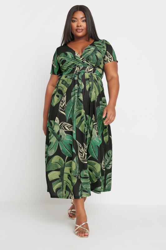 YOURS Plus Size Black Leaf Print Short Sleeve Wrap Maxi Dress | Yours Clothing 2