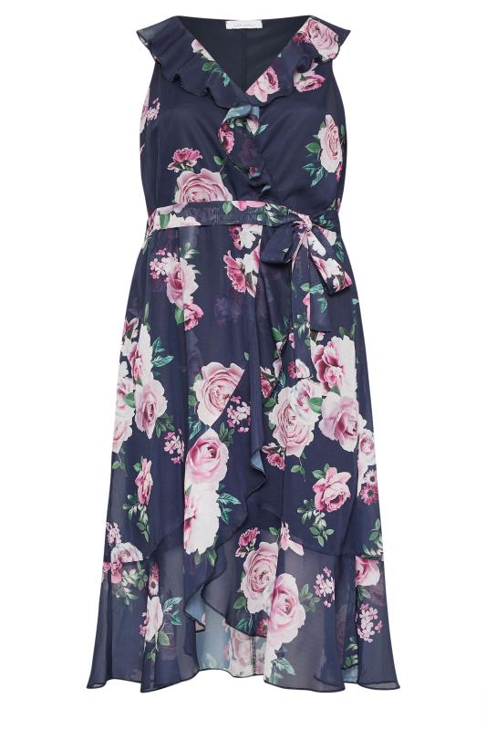 YOURS LONDON Plus Size Navy Blue Floral Ruffle Wrap Dress | Yours Clothing 5