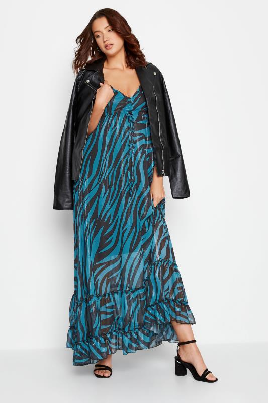 LTS Tall Women's Blue Animal Print Shimmer Frill Detail Maxi Dress | Long Tall Sally 2