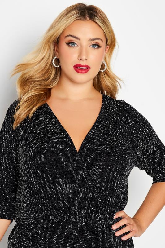 LIMITED COLLECTION Plus Size Black & Silver Glitter Stretch Wrap Jumpsuit | Yours Clothing 4