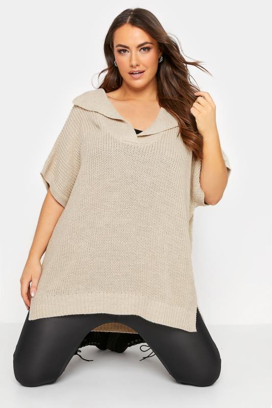Plus Size  Beige Open Collar Knitted Vest