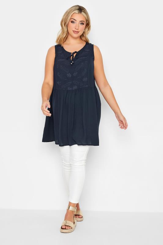 YOURS Plus Size Navy Blue Embroidered Peplum Vest Top | Yours Clothing 2