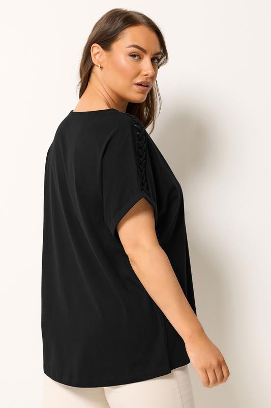 YOURS Plus Size Black Lattice Grown On Sleeve T-Shirt | Yours Clothing 2