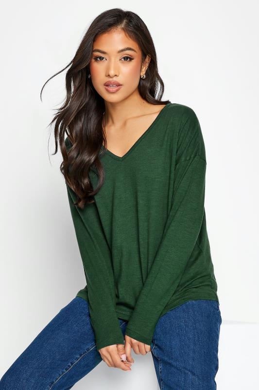 Petite  Petite Forest Green V-Neck Long Sleeve Top
