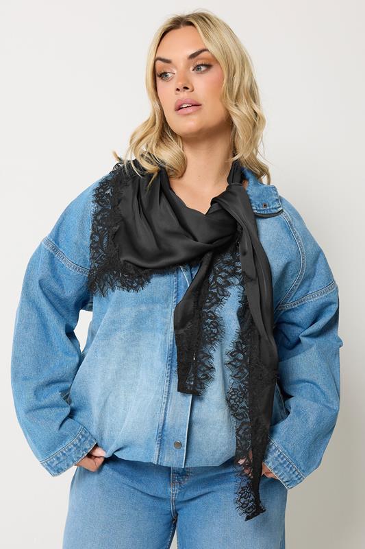 YOURS Plus Size Black Lace Satin Scarf | Yours Clothing 2