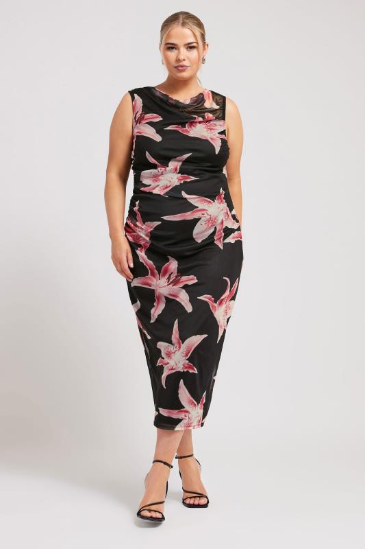 YOURS LONDON Plus Size Black Floral Print Slash Neck Dress | Yours Clothing 1