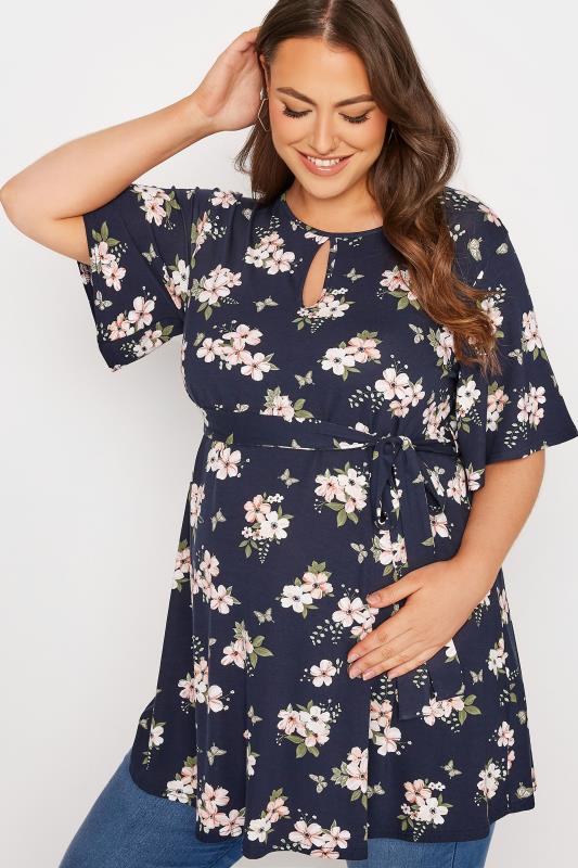 BUMP IT UP MATERNITY Plus Size Navy Blue Floral Keyhole Top | Yours Clothing 5