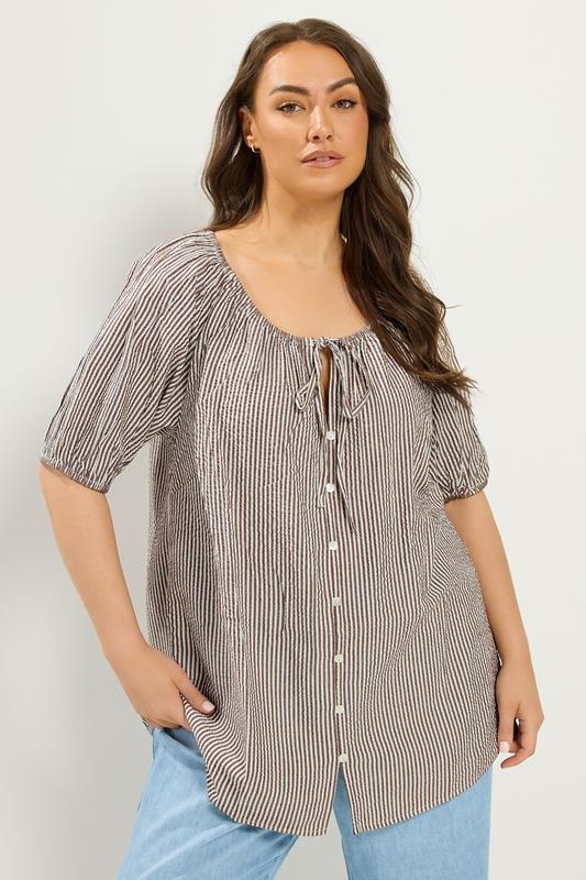  YOURS Curve Brown Stripe Print Puff Sleeve Blouse