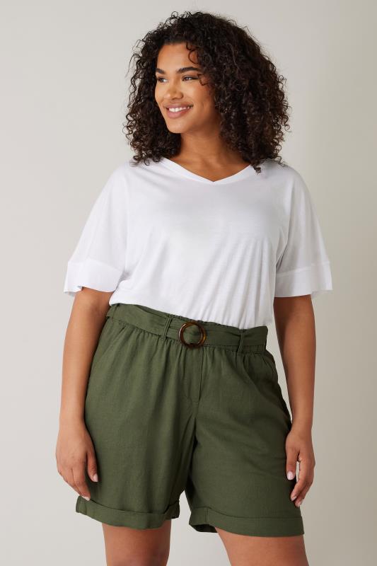 Plus Size  Evans Khaki Green Linen Paperbag Waist Shorts